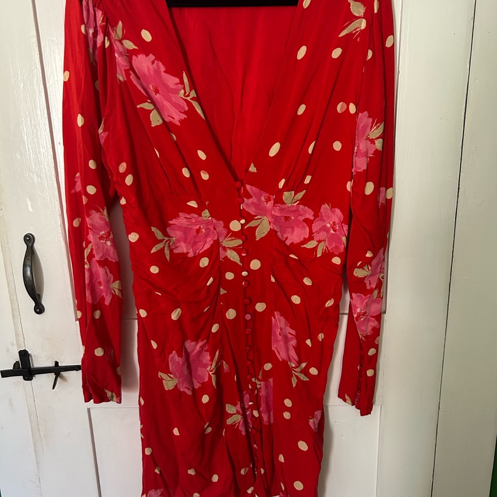 Free People Size L Red Floral Polka Dot Button Front Mini Dress Valentine Party